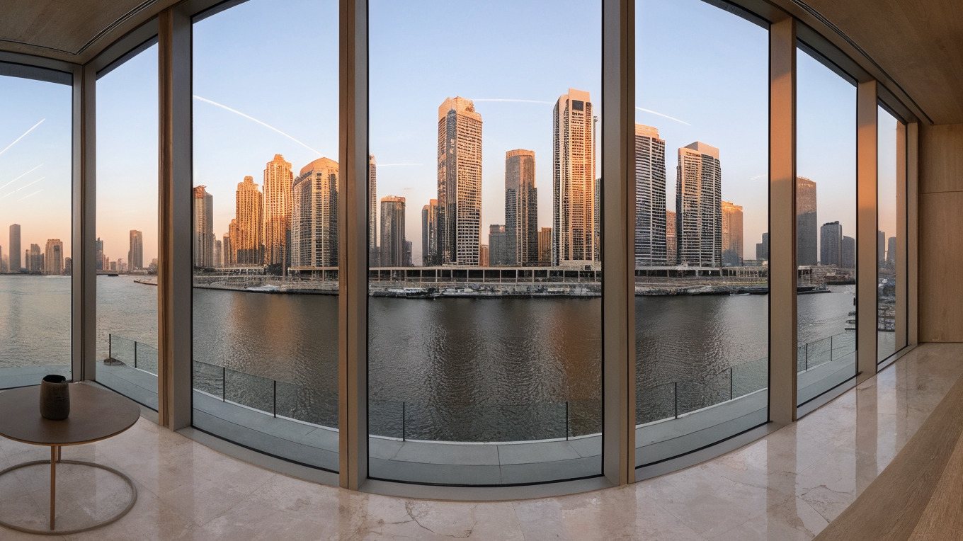 The canal duplex living room, looking through the glass over the Dubai Water Canal